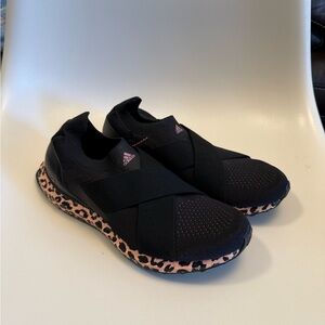 Adidas New Black and Peach Ultraboost DNA Leopard Print Slip-On Sneakers